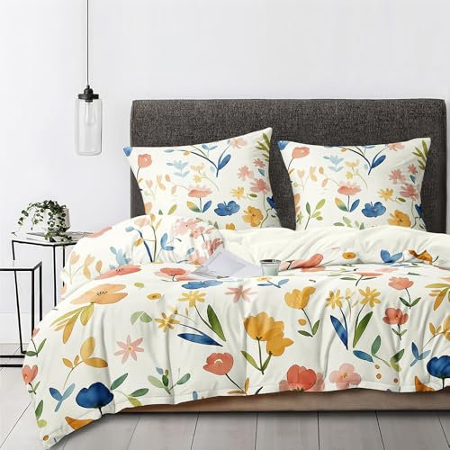 Boqingzhu Bettwäsche Blumen 135x200 cm - Bettwäsche-Sets Beige Weiß Bunt Bettbezug mit 1 Kissenbezug 80x80 cm, Bettwäsche Weich mit Pflanzen Blumenwiese Muster
