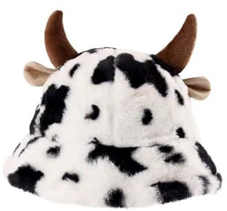 Generisch Funky Fuzzy Cow Print Bucket Hat Mit PlüSchhörnern Kuh Kostüm Damen Fischerhut Bucket Hat- Perfekt Für Frauen Und Mädchen!