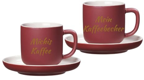 LUXENTU Personalisierte Espressotassen mit Untertassen Jasper 2er Set, 90 ml, Goldgefärbte Gravur auf Tassen, 2-zeiliger Gravurbereich für individuellen Text, Steinzeug, Beere