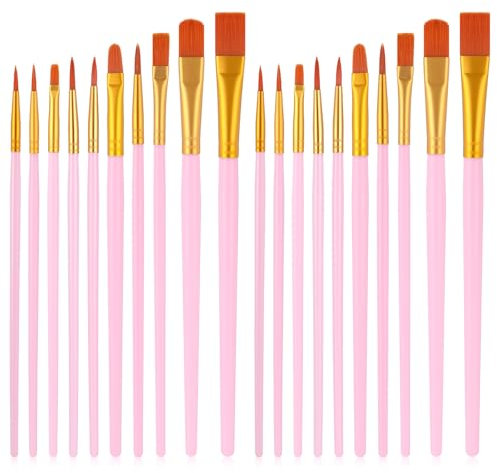 MBAIYO 20 Pcs Paint Brushes, Paint Brush Set Artist Acrylic Oil Watercolor Paintbrushes Set Nylon Hair Artist Oil Watercolor Brushes for Painting Lovers Detailing Crafts Supplies(Pink)