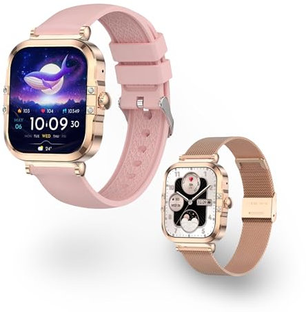 Générique Montre Connectée Femme Doré Élégante AMOLED 1.75 –avec 2 Bracelet Acier/Silicone, Fonction Appels Suivi Santé Complet, Design Luxueux Fleur Dorée - SOS