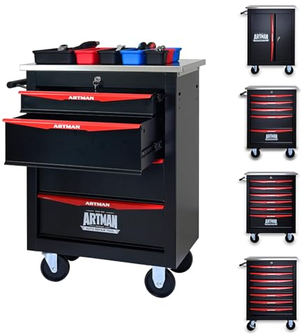 ELIHGTBY Servante d'Atelier Vide à 4 Tiroirs, Chariot d'Outils Robuste sur roulettes - Établi Mobile avec Verrouillage Centralisé, Armoire de Rangement pour Garage, Servante Atelier Noir & Rouge