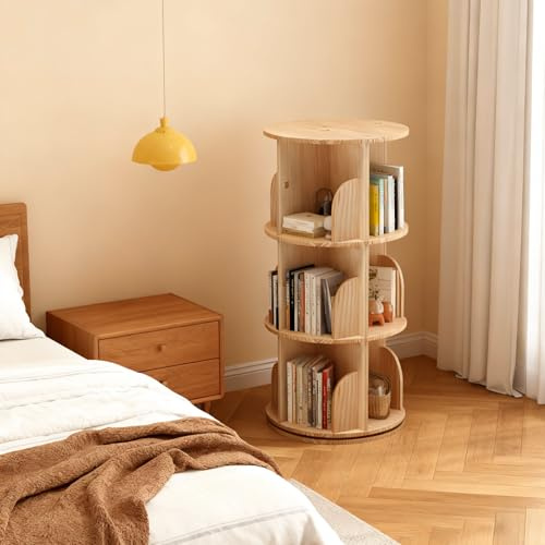 Niwugady 3-Stöckig Drehbares Bücherregal Massivholz - 360°Standregal - Boden stehendes Bücherregals - Multifunktionales Bücherregal - AufbewahrungsregalLagerregal für Kinder, Erwachsene, Ø39cm, H98cm