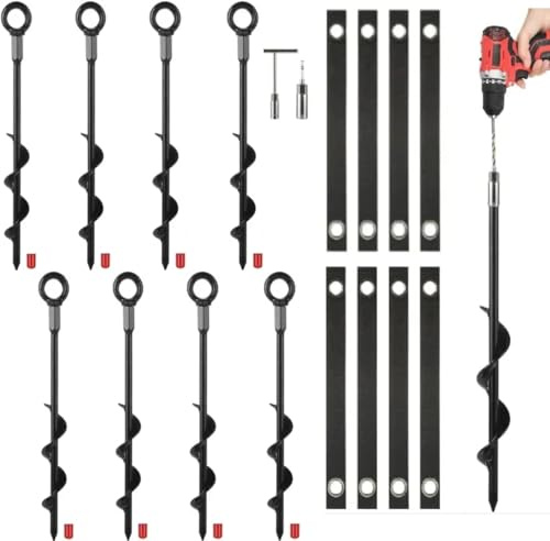Trampoline Anchors Stakes Kit - Lot de 8 40cm Ancres au Sol vissées avec Sangles à Attacher réglables pour Awning RV, Jeu de balançage, baldaulin, Tente et Sorties de Cravate pour Chiens (Lot de 8)