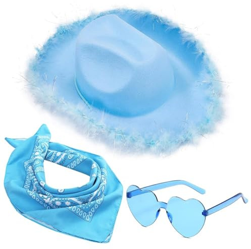 FCXVXCL Cowgirhut Hut 3Stück Cowboy Hut für Damen Cowgirl Accessoires Filz Cowboyhut mit Herz Brille Blau Bandana Cosplay Party Mottoparty Halloween Karneval Kostüm Zubehör