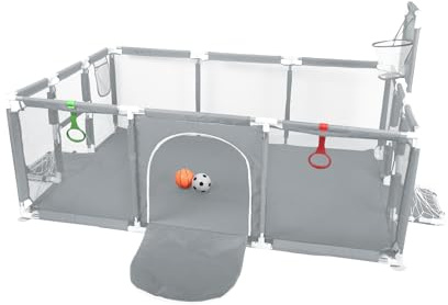 XUANYU Großer Laufstall für Babys, modulierbar, 180 x 120 x 66 cm, Laufstall für Babys mit Barriere, Laufgitter aus Oxford-Stoff, 2 aufblasbare Bälle, 2 Ringe, 8 Saugnäpfe, Basketball- und