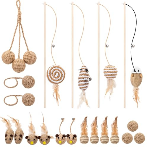 Leitee 20pcs Cat Interactive Toys Set Wooden Cats Teaser Wand Toy with Feather Handle Chew Rope Mouse Sisal Balls with Bells for Indoor Kitten Play Chase Exercise (Wooden Cat Wands Toys)