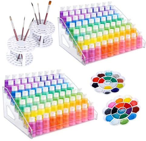 Punorric 6Pcs Paint Holder Organizer Set, Acrylic Paint Organiser with 7 Tier Paint Rack, Paintbrush Holders with 49 Slots, Brush Storage for Desktop Art Studio and Makeup Brush Holder