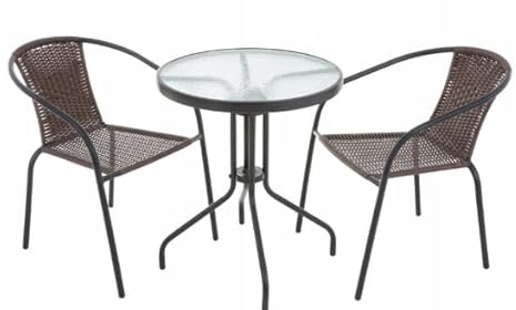 MAT-COMPANY Gartenmöbel Set 3 teilig Balkonmöbel Set mit 2 Stühlen und Tisch Polyrattan Bistro Set Balkon Terrasse Garten Sitzgruppe mit Glastisch Metallgestell Braun