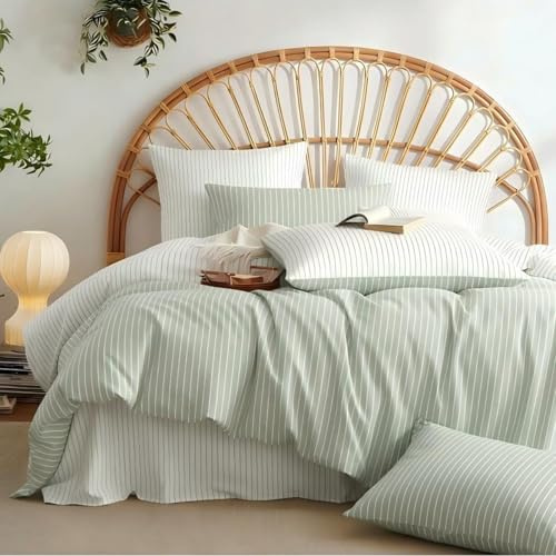 Freyamy Bettwäsche 155x220 Baumwolle Grün Weiß Gestreifte Bettwäsche Set | Bettwäsche für Allergiker, Aesthetic Bettwäsche Gestreift, ÖKO-TEX Bettbezug mit Reißverschluss und 1 Kissenbezug 80x80cm
