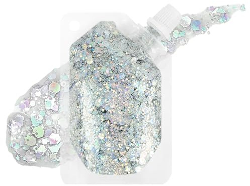 Alaoo Gel de Brillo Corporal,40ml Purpurina Cara,Purpurina Líquida,Plata | Chunky Glitter Gel de Purpurina,Para Festival, Mascarada y Maquillaje de Fiesta