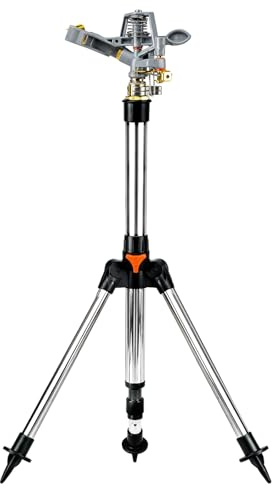 GARDENIX Aspersor de césped pulsante en trípode de 90 cm, Cobertura de 450 m², Altura y pulverización Ajustables, construcción de Metal y plástico, conexión rápida de Manguera, Base Estable con