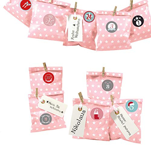 Frau WUNDERVoll® DIY Adventskalender zum Befüllen Bescherung, rosa - weiße Sterne Papiertüten 13x16,5cm, Ziffern bunt pastell/Weihnachten Aufkleber Advent Kalender Kinder Geschenkbeutel