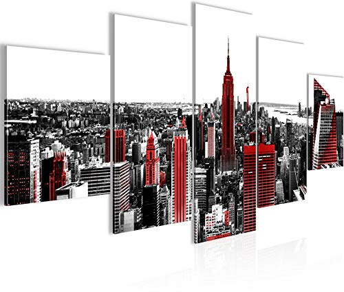 Runa Art Wandbilder New York city 5 Teilig Bild auf Vlies Leinwand Deko Wohnzimmer Büro Skyline Rot Grau 003752a