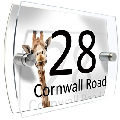 CS Printing House Number Sign Plaque Garden Glass Effect Acrylic Sign Door Plate Marble Wall Display 2 Part Branded Acrylic (Funny Giraffe)