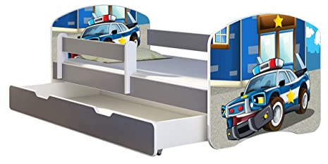 ACMA Kinderbett Jugendbett mit Einer Schublade und Matratze Grau mit Rausfallschutz Lattenrost II (38 Polizei, 180x80 + Bettkasten)