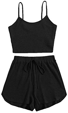 DIDK Damen Shorts und Top Sets 2 Piece Spaghettiträger Bauchfrei Tops Camisole Kurze Hose mit Knoten Hauseanzug Kombi 2-Teiler Home Set Schwarz M