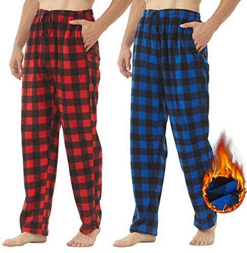 YUSHOW Herren Schlafanzughose 2er Pack Fleece Karierte Loungehose mit Taschen Loungewear Pyjamahose, Blau Schwarz Plaid + Rot Plaid Größe M