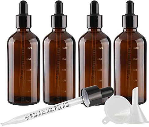 TIANZD 4 Pièces 100ml Flacons en Verre Marron avec Pipettes Graduées, 100 ml Bouteilles Échelle Compte-gouttes en Verre Vides Pour Mesure Les Huiles Essentielles Aromathérapie