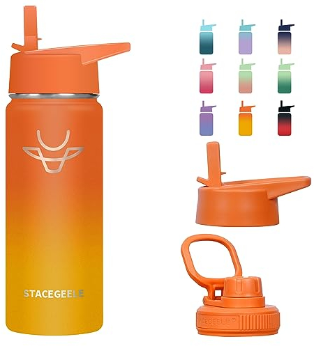 STACEGEELE Insulated Vacuum Water Bottle with Straw Lid Stainless Steel Flask Thermos for Boys and Girls Leak Proof Lightweight Eco Friendly 18oz (500ml)