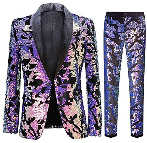 CARFFIV Herren Modische Blumenmuster Pailletten Zweiteiler Set Anzüge (L, Map Purple)