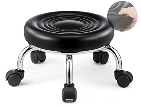 Drehhocker mit rollen klein, Rollhocker Werkstatt aus Stahl Drehhocker auf Rollen Arbeitshocker aus PU-Leder Bürohocker 360° Drehbar Friseur Salon Hocker bis 150 KG(Size:H 31 X W 33cm,Color:Schwarz)