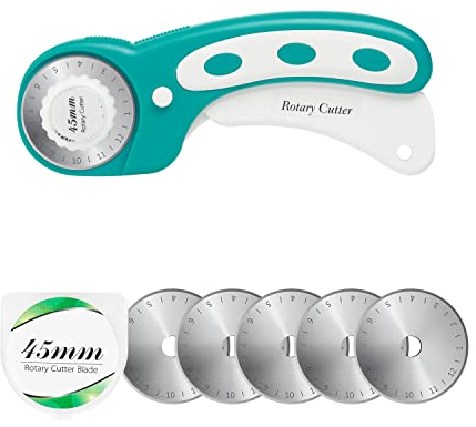 Taglierina rotativa da 45 mm con 5 lame extra, manico ergonomico con blocco di sicurezza per tessuto, pelle, artigianato, cucito, taglierina rotante in tessuto, perfetta per mano sinistra e destra