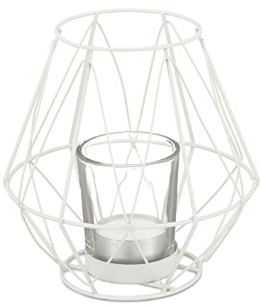 Relaxdays Portacandele dal Design Geometrico in Ferro, Vasetto in Vetro Porta Candele e Lumini, H x D 14 x 14 cm, Bianco