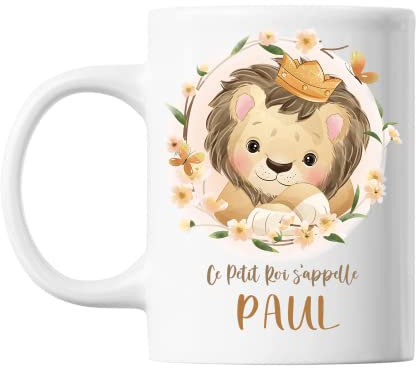 Planetee Mug Paul bébé Lion Roi | Tasse prénom idée cadeau Humour Mignon pour enfant garçon | Imprimé en France