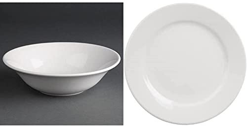 Olympia Athena Oatmeal Bowls 153mm (Pack of 12) & Athena Hotelware Wide Rimmed White Plates, Pack of 12, Diameter: 165mm / 6 1/2 inch, Catering and Restaurant Grade | CC206