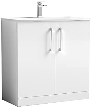 nuie ARN105G Arno Modern Bathroom Floor Standing 2 Door Vanity Unit with Curved Ceramic Basin, 800mm, Gloss White