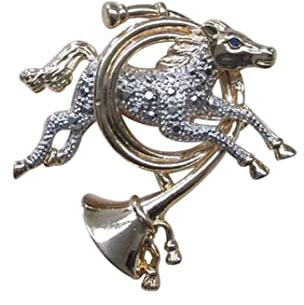 Brosche Schmuck Pferd und Jagdhorn aus Stahl, 4,5 x 4 cm, Edelstahl