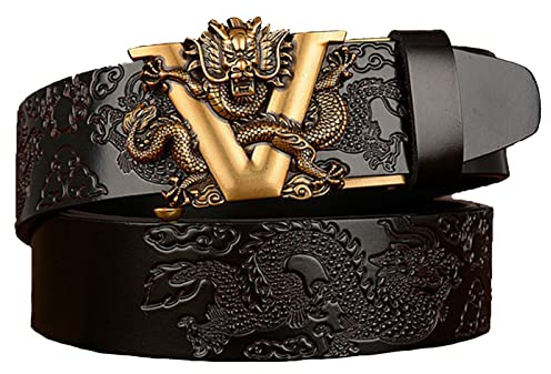 YOPADO Herren Ratschen Gürtel, Automatik Ledergürtel Kürzbar mit automatischem Schnallen Geschnitztes Gold Drachen Gürtelschnalle für Jeans Anzug Hose(130cm/waist:45, Dragon~A)