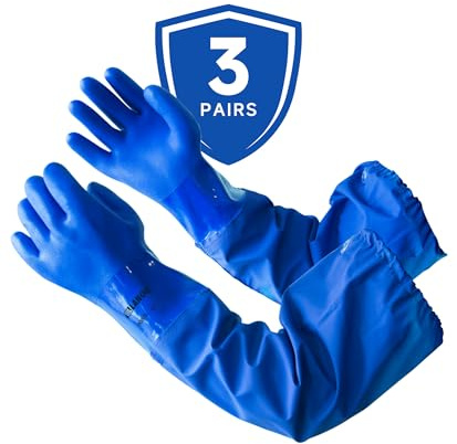 LANON 3 Paar Gummihandschuhe Lang, 66cm PVC Teichhandschuhe Wasserdicht, Schutzhandschuhe Chemikalien, Beständig gegen Säure, Alkaline und Ölschutz, XL/10