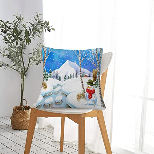 Kissenbezug 45x45cm Dekorativer Überwurf Kissenbezüge,Schneemann mit Besen neben Snowy Creek,Heimdekoration quadratisch Kissenhülle 18x18 Zoll