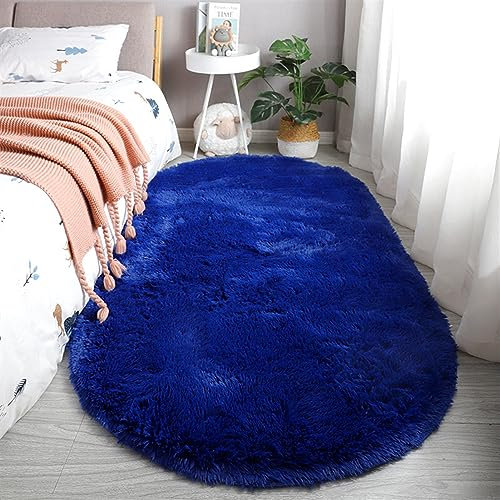 BESTORI Waschbarer Hochflor Teppich Wohnzimmer Flauschig Fellteppich Shaggy Weich Ovaler Teppich für Kinderzimmer Schlafzimmer Arbeitszimmer Blau, 100 x 200 cm