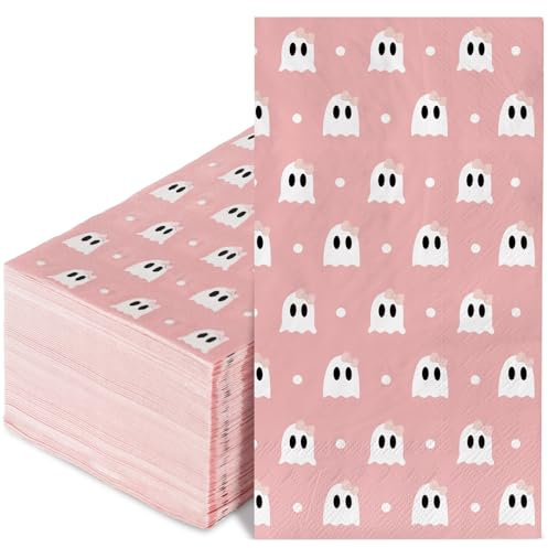 AnyDesign 100 Stück Halloween Gäste-Papierservietten, rosa Schleife, Geist, Einweg-Servietten, Handtuch für Halloween, Partyzubehör, Zuhause, Küche, Abendessen, Tischdekoration, 33 x 40 cm
