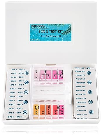 SBINTUOR Kit Medidor pH y Oxígeno Piscinas 2 en 1, Tabletas Test Agua de Piscina Jacuzzi Spa de pH y Oxígeno, Accesorios para Piscina - (50 x DPD4 + 50 x Rojo Fenol)
