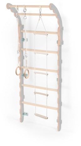 MAMOI® Klettergerüst Indoor fürs Kinderzimmer | Sprossenwand aus Yarnwood | Turnwand + Turnringe | 100% ECO | Made in EU