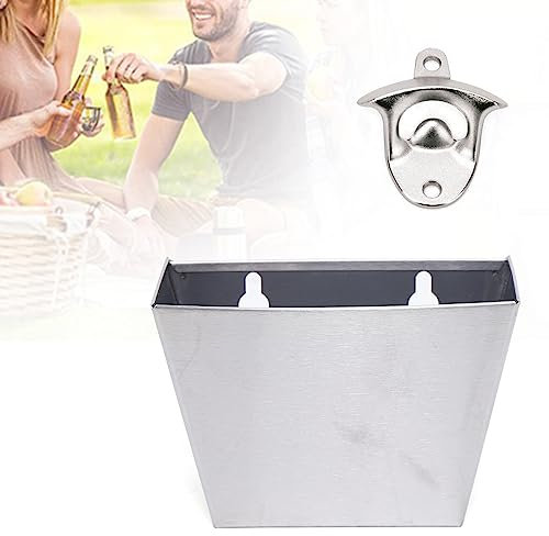 Bottle Opener Wall Mount Bar Beer Bottle Opener, with Stainless Steel Cap Catcher Box Storages, Bar Accessories for Bar and Kitchen Wall Bottle Opener