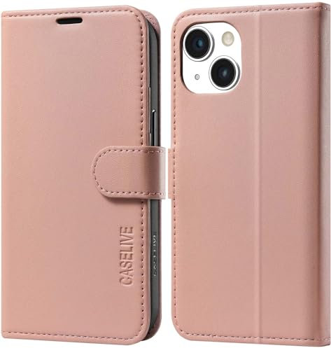 CASELIVE Wallet Case for iPhone 15 with Card Holder, Genuine Leather Case with [Screen Protector] [RFID Blocking][Shockproof TPU Inner Shell] Kickstand Foli Cover for iPhone 15 6.1''(Rosybrown)