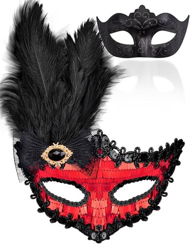 SIQUK 2 Stück Venezianischen Maske Masquerade Maske Maskerade Masken für Damen Herren Paar Halloween Karneval Party Kostüm, Schwarz & Rot