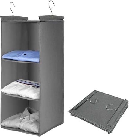 AiQInu Organizer da Appendere, Portatutto con 3 Scomparti, Organizzatore Armadio con Ganci in Metallo e Divisori Interni in Bambù Pieghevole Salvaspazio Portaoggetti