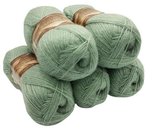5 x 100 g Angora gold simli Glitzerwolle, Effektwolle einfarbig, 500 Gramm Metallic - Wolle mit 20% Woll-Anteil (pistazie 515)