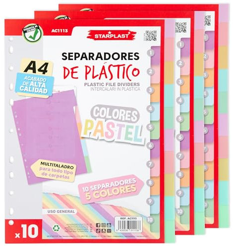 Starplast Pack 30 Separadores Pastel - Para Carpeta o Archivador 2-4 Anillas, Organizadores, Polipropileno, Índice, Multitaladro, Clasificador, uso Escolar o de Oficina.