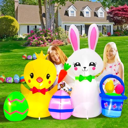 Wortade Aufblasbarer Osterhase mit Gartenflagge, aufblasbares Kaninchen hält Eier, Dekoration, eingebaute LEDs für Hof, Garten, Rasen, CQ-XJTZ6FT-FBA
