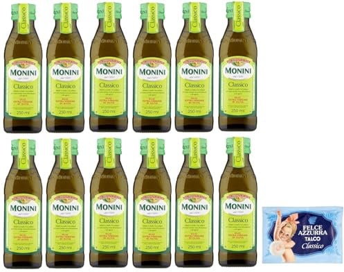 12er-Pack Monini CLASSICO Natives Olivenöl Extra,Olio Extra Vergine di Oliva,250ml Glasflaschen + 1er-Pack Kostenlos Felce Azzurra Talkumpuder, 100g-Beutel