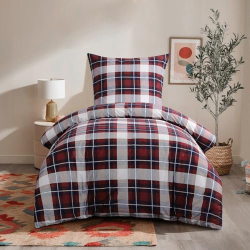 RUIKASI Bettwäsche 155x220 2 teilig Rot - Bettbezug 155 x 220 Set mit Tartan Muster, Bettwäsche-Sets 155x220cm aus Mikrofaser mit Reißverschluss Weich und Bügelfrei