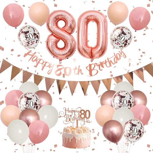 Retro Pink Rose Gold 80th Birthday Decorations - Banner, Cake Toppers, Balloons & Confetti