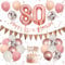 Retro Pink Rose Gold 80th Birthday Decorations - Banner, Cake Toppers, Balloons & Confetti